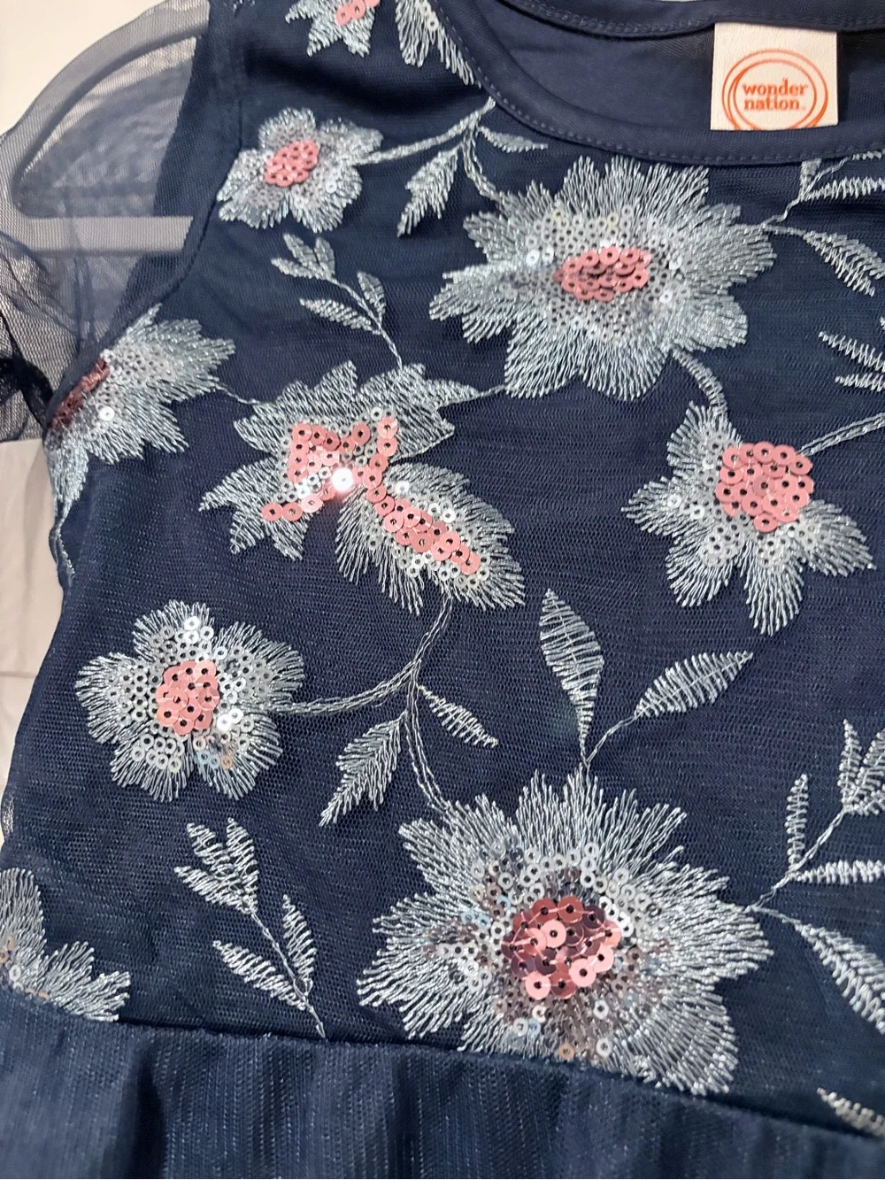 wonder nation Navy Floral Tulle Dress with Pink Accents
